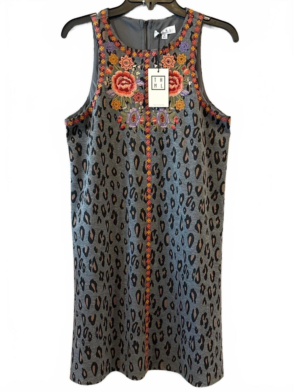 THML Embroidered Floral Leopard Print Sleeveless Dress Medium